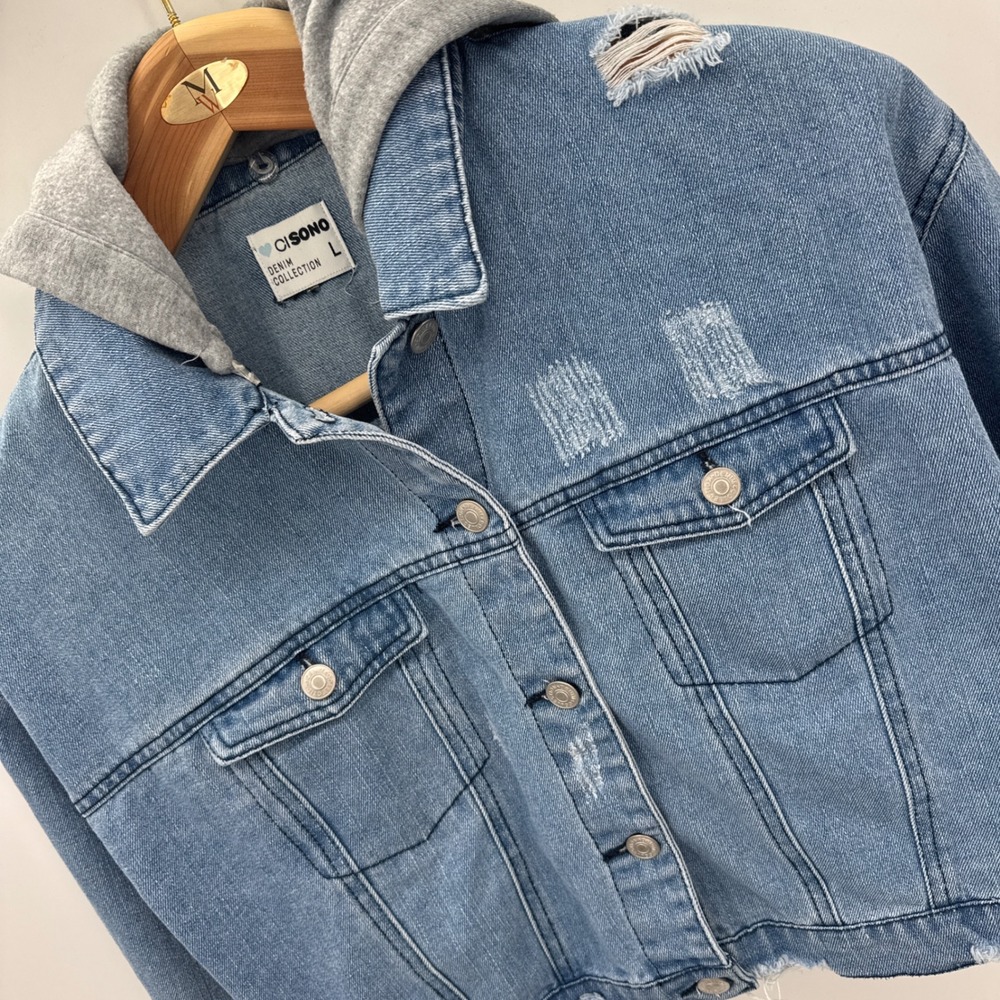 CISONO‎ Denim Jacket Womens L Medium Wash Cropped Hooded Distressed Cotton
